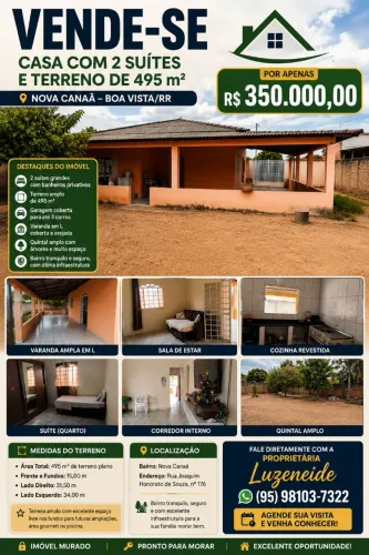 CASA COM 2 SUÍTES E TERRENO DE 495 m²