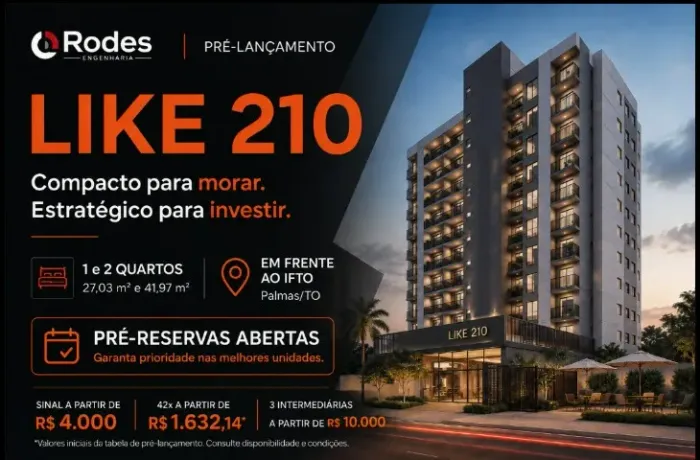 Aptos 1 e 2 Quartos | Sinal a partir de R$ 4 mil | Frente IFTO