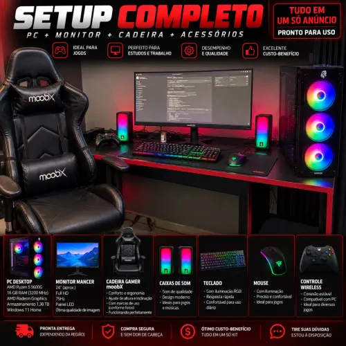 SETUP GAMER COMPLETO - PC Ryzen 5 5600G + Monitor + Cadeira + Acessórios