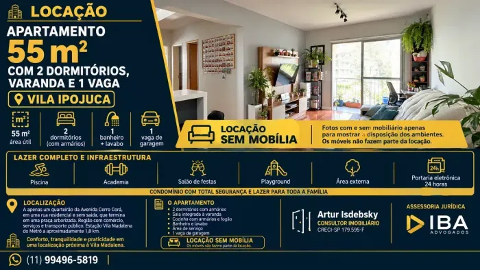 Apartamento para alugar com 2 quartos, 55 m² e varanda 1 vaga na Vila Ipojuca