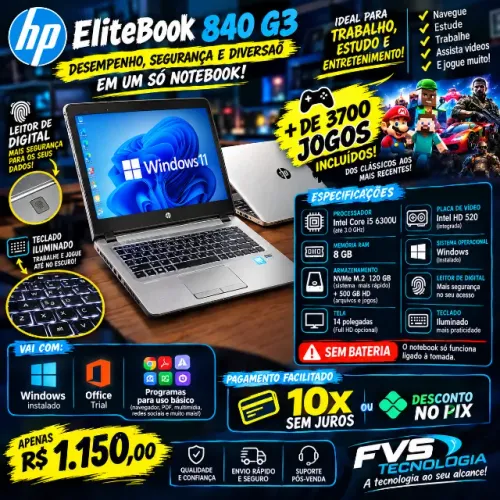 notebook hp 840 g3, i5, 8gb, 620gb (nvme+ssd) vai com jogos