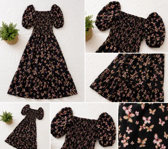 Vestido Midi Floral Preto com Lastex e Manga Bufante Tamanho Único