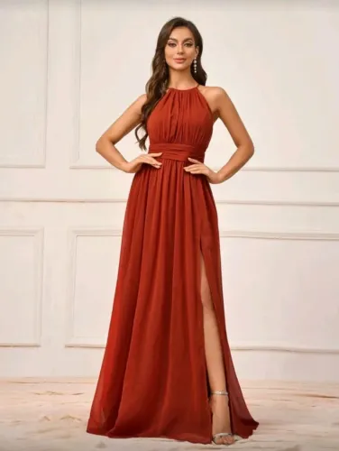 vestido festa longo chiffon terracota com fenda