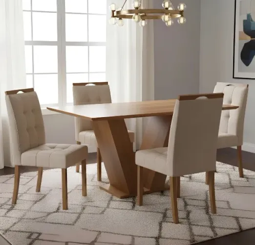 Conjunto de Jantar Retangular Prático 4 Lugares Cinamomo com Veludo Bege