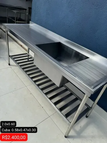 Pia em aço inox 2.0x0.60 cuba funda
