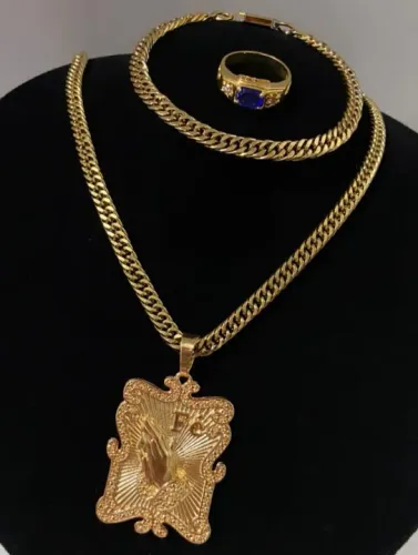 Conjunto de Anel, Cordão e Pulseira Masculino em aço banhado aOuro 18k