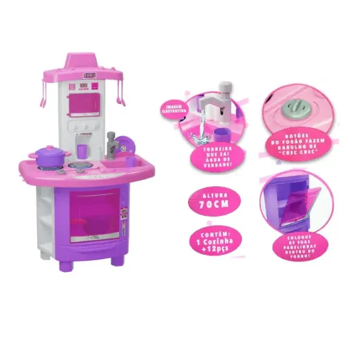 Kit Cozinha Infantil Faz De Conta Rosa- Pais E Filhos 70cm