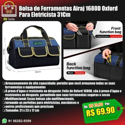 Bolsa de Ferramentas Airaj 1680D Oxford Para Eletricista 31Cm