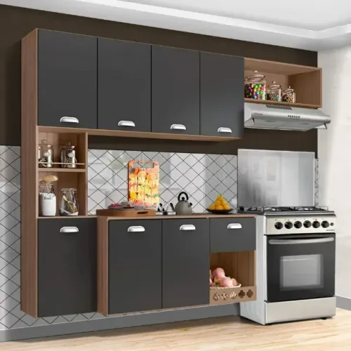 Organização inteligente cozinha suspensa mila com balcão 7 portas 1 gaveta carvalho/grafit