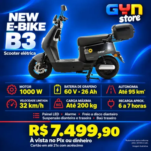 Scooter Elétrica New E-Bike B3 1000W Grafeno 60V 26Ah Autonomia Até 95km