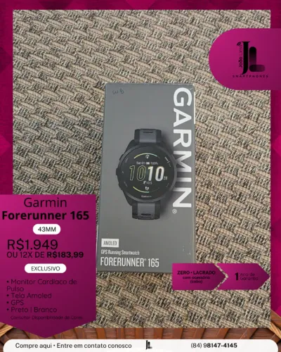 RELÓGIO GARMIN FORERUNNER 165, 43MM, LACRADO, EXCLUSIVO!