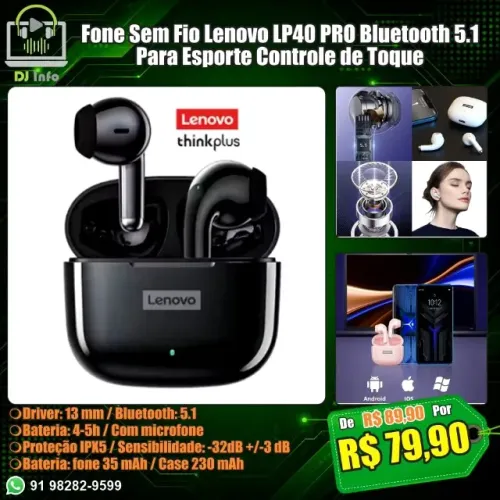 Fone Sem Fio Lenovo LP40 PRO Bluetooth 5.1 Para Esporte Controle de Toque