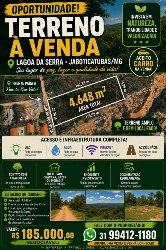 Terreno 4.648 m² em Lagoa da Serra - Jaboticatubas | Aceito Carro