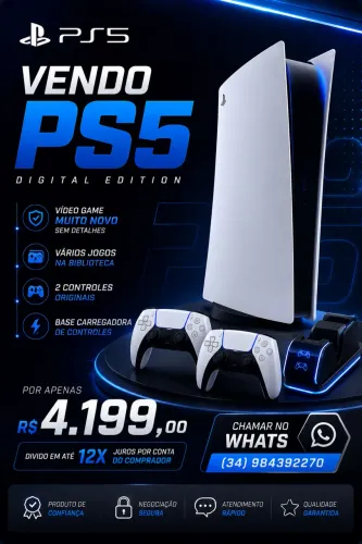     ? PS5 Digital Impecável + 2 Controles Originais + Base Carregadora + Jogos