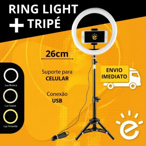 Promoção: Ring Light Led Iluminador 26cm Completo + Tripé 2.1m