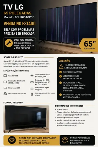 TV LG Smart 65" 4K UHD - Modelo 65UK6540PSB | Tela com Defeito | Para Retirada de Peças