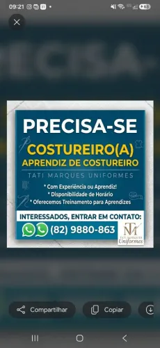 Precisa-se de costureiro ou aprendiz