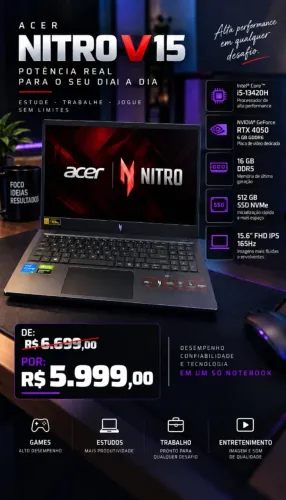 Notebook Gamer Acer Nitro v15, I5 13420h (13°gen), 16gb ram ddr5, Nvme 512gb, Rtx 4050 6GB