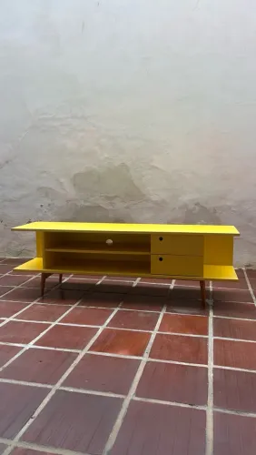 Conjunto Rack Retro Amarelo + Mesinha de Apoio Lateral