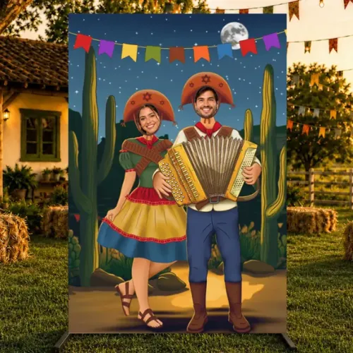 Painel Para Fotos Festa Junina Interativo Vazado Em Tecido Cangaceiros 1,50x2,20m
