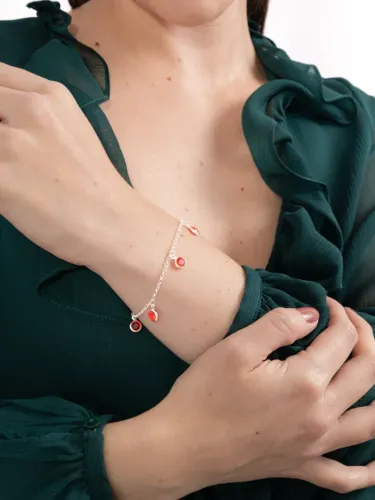 Pulseira de Prata 925 Zircônias Redondas Penduradas Vermelhas