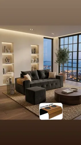 Sofá quadrado 3 lugares com puff e almofadas decorativas e porta copo grátis 