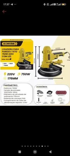 Lixadeira de parede profissional elétrica 127/220V 750w polidor com LED e disco completo 7