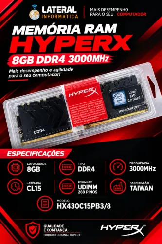 MEMORIA HyperX KINGSTON 8GB DDR4 COMPUTADOR 3000MHz