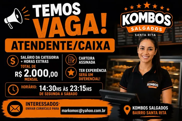 Temos vaga para Atendente/Caixa