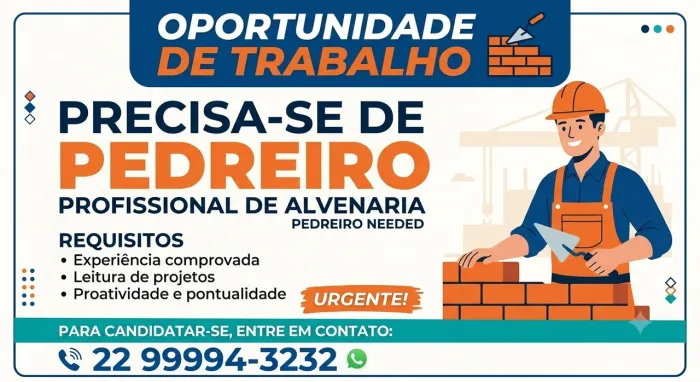 VAGA PEDREIRO/SERVENTE