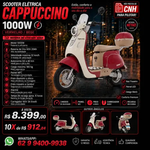 Scooter Elétrica New E-Bike Cappuccino 1000W Lítio 60V 20Ah NFC Verde/Bege