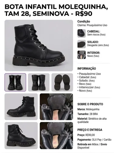 Bota Coturno Infantil Molequinha Preto Tamanho 28 - Seminovo