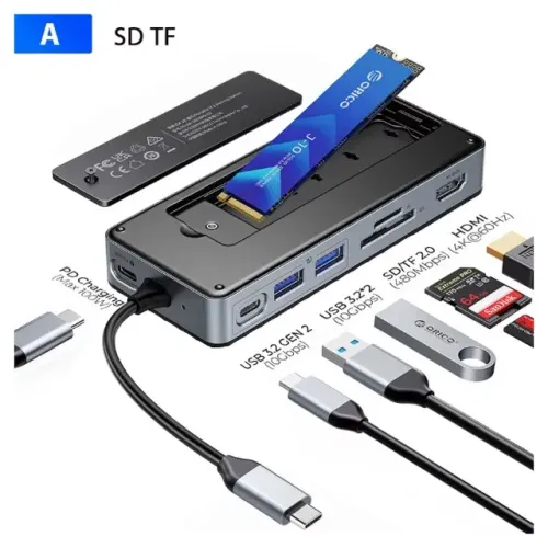 Dock USB-C 8 em 1 ORICO com gabinete SSD M.2 NVMe e SATA
