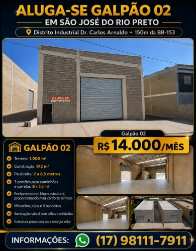 Galpão Industrial Novo para Alugar 1000m2 - Próximo à BR-153 - São José do Rio Preto