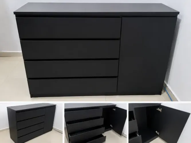 Cômoda/Balcão Multiuso Preto - MDF | 4 Gavetas + Armário[