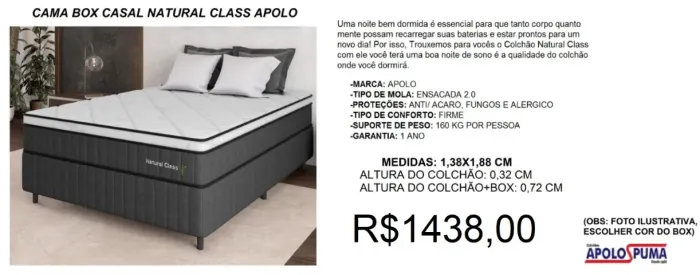 Cama box com colchão casal molas apolo natural class - entrega grátis