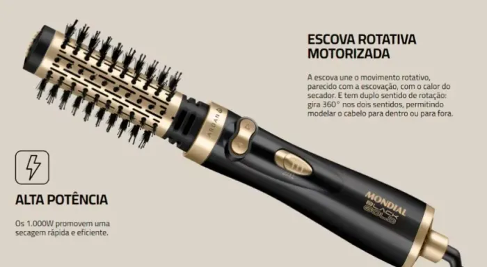 Ecova Rotativa Mondial Argan ER-11 Black Gold 1000 watts 3 em 1 (seca, escova e modela)