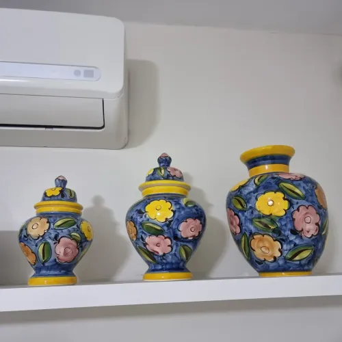 Vaso cerâmica pintado azul kit conjunto 3 peças antiguidade