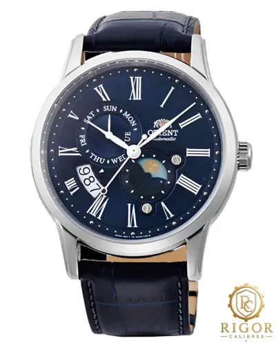 Relógio Orient Sun and Moon V.4 Automático Azul Ref. RA-AK0011D10B Cristal de safira
