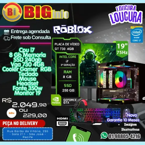 Computador i7 8GB SSD 240GB VGA GT 730 Monitor 19 - Teclado Mouse e Headset - Em ate 10