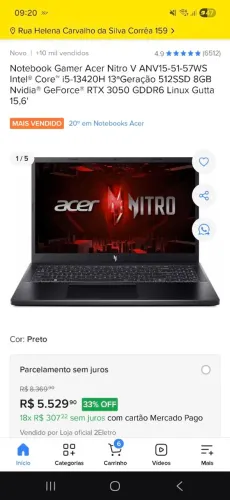 Notebook Gamer Acer Nitro v15 rtx3050. 24gb ram  1.5tera de hd