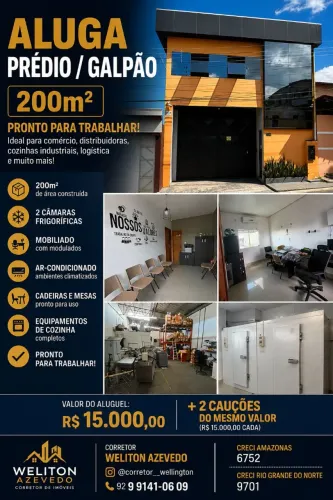 NOVO ALEIXO-ALUGA PRÉDIO/GALPÃO 200M2 COM 2 CÂMARAS FRIGORÍFICAS,MOBILIADO, MODULADOS E AR
