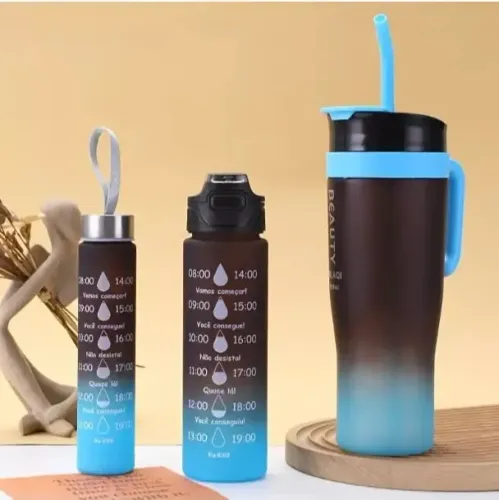 Kit 3 Garrafa Copo Para Carro 1200ml+500ml+240ml de Água Squeeze com Adesivos
