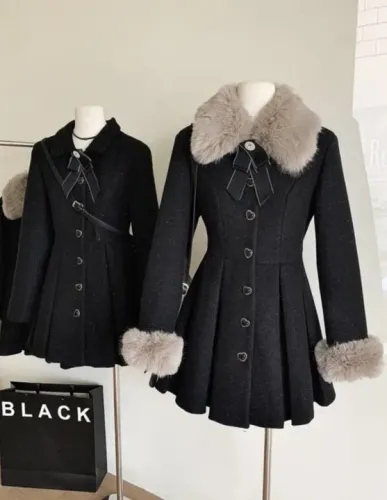 Casaco Elegante Preto Feminino Com Gola de Pelinho Kawaii Coreano