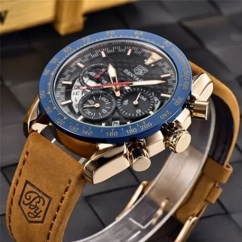 Relógio Masculino BENYAR Super Luxuoso/ORIGINAL/Pulseira Couro /Dourado azul-prata preto