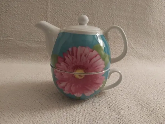 Conjunto Bule e Xícara Azul com Flor Rosa