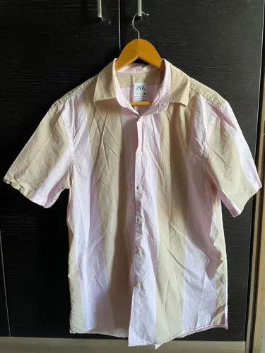 Camisa Zara Listrada Rosa e Bege