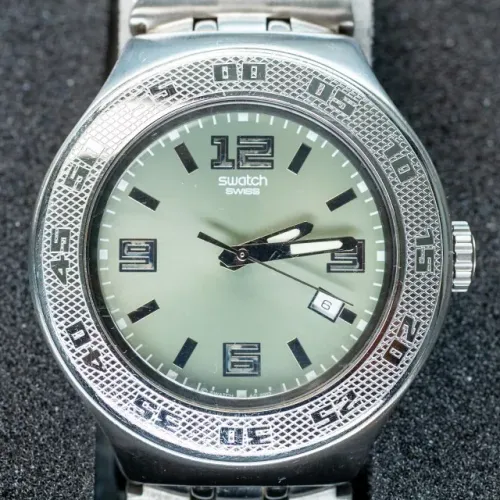 Swatch Irony AG 2003 aço inox grande - mostrador verde, bateria nova