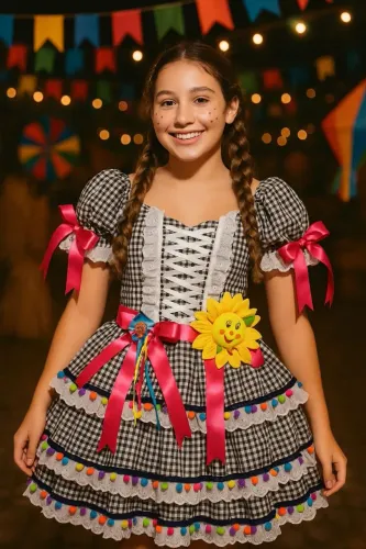 Vestido Festa Junina Infantil Xadrez com Detalhes