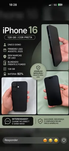 iPhone 16 128gb 92% bateria zero sem nenhuma marca de uso